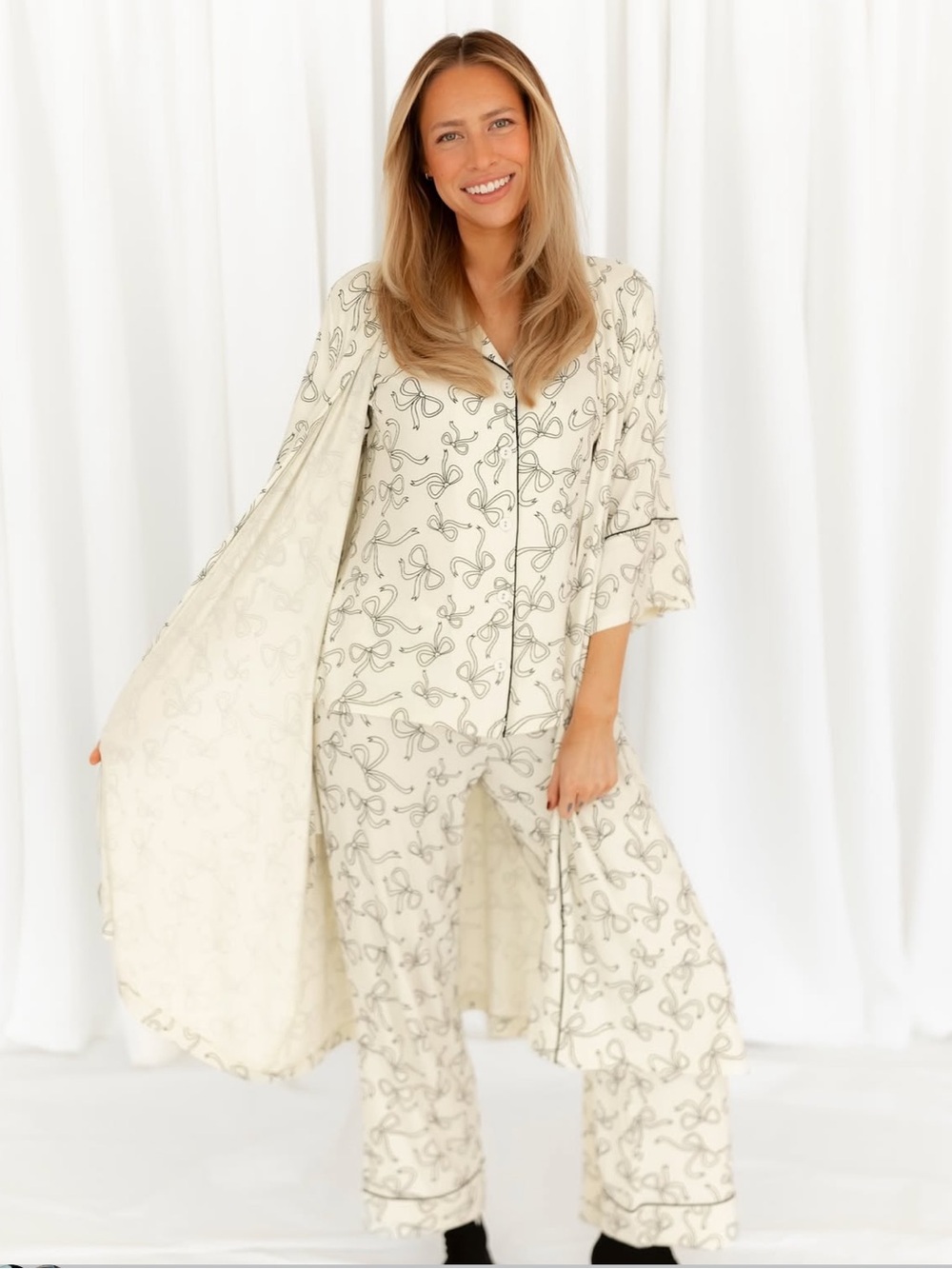 Shop Staykation Cream & Black Bows Bamboo Rib Short Top Long Pant Pajama Set NWT